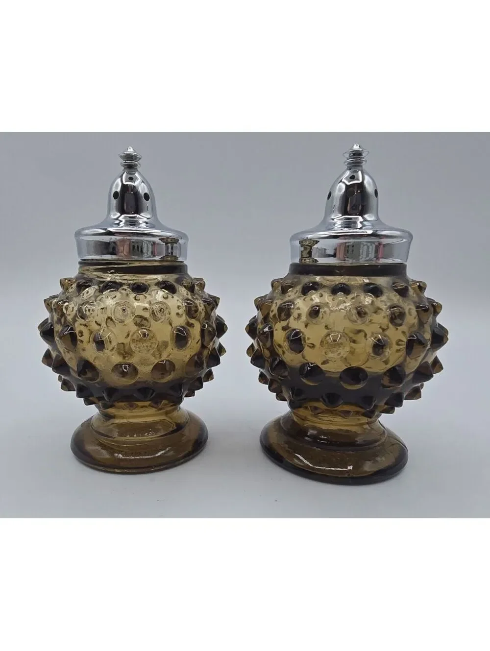 Vintage Imperial Glass Nutmeg Brown Hobnail Salt Pepper Shakers IG Marked